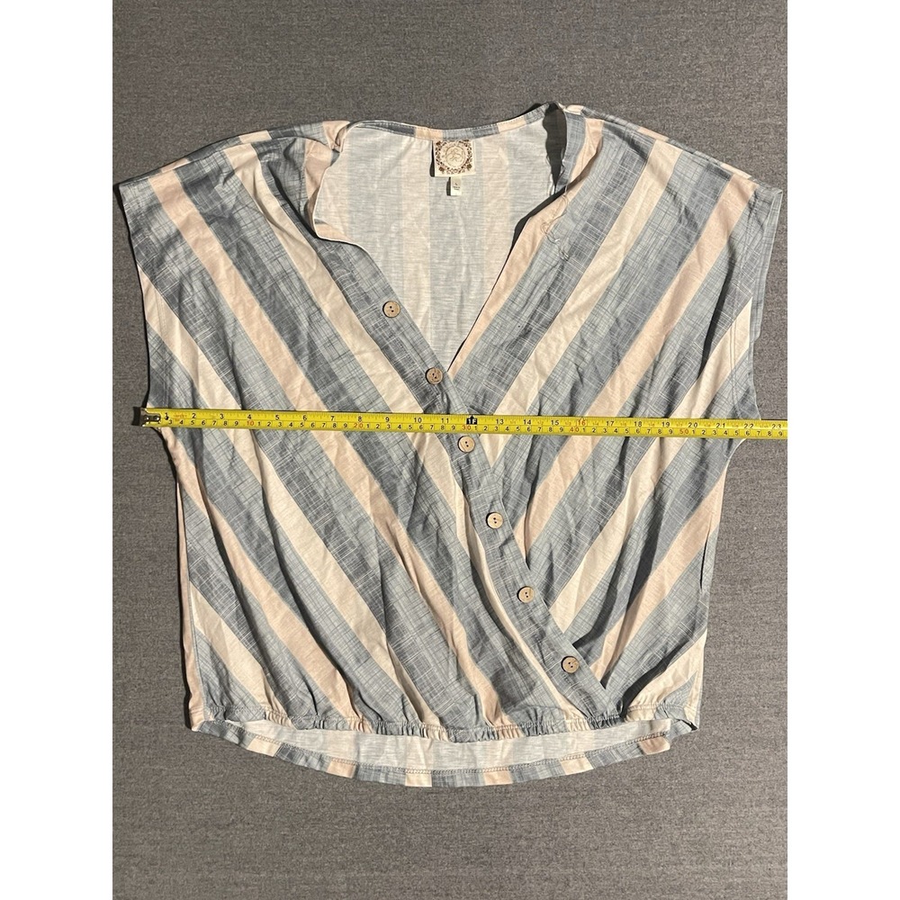 Blue Stripe Button Front Wrap Blouse Large Coastal‎ Chic Short Sleeve Top